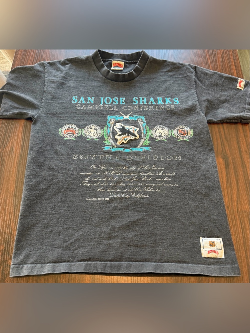 Nutmeg San Jose Sharks Vintage 1991 Inaugural Season Graphic T Shirt USA Made L